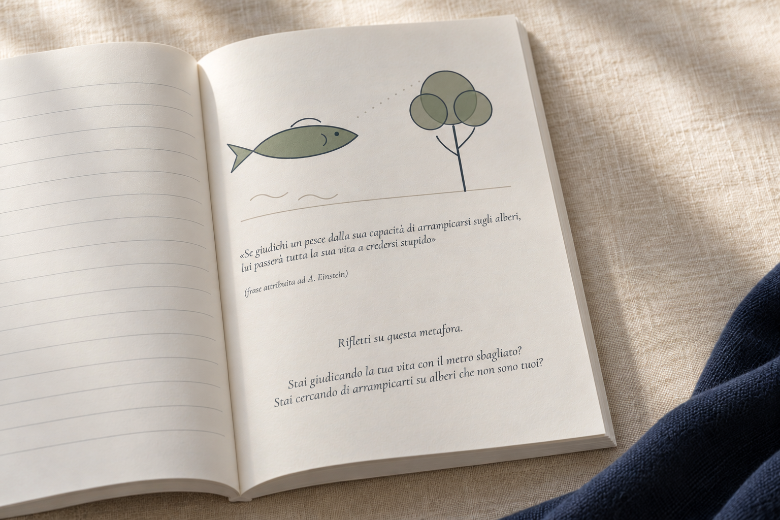 Diario aperto con un’illustrazione minimale di un pesce e un albero e una pagina a righe per scrivere